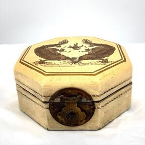 Vintage 70s Octagonal Cream Wood Twin Dragon Crackle Lidded Trinket Box